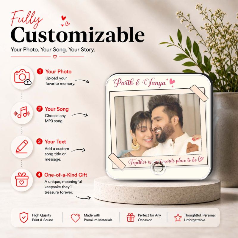Husband Wife Personalized Musical Fridge Magnet Photo Frame for Couples | Custom Photo & Playable MP3 Audio Song Frame Rechargeable Speaker